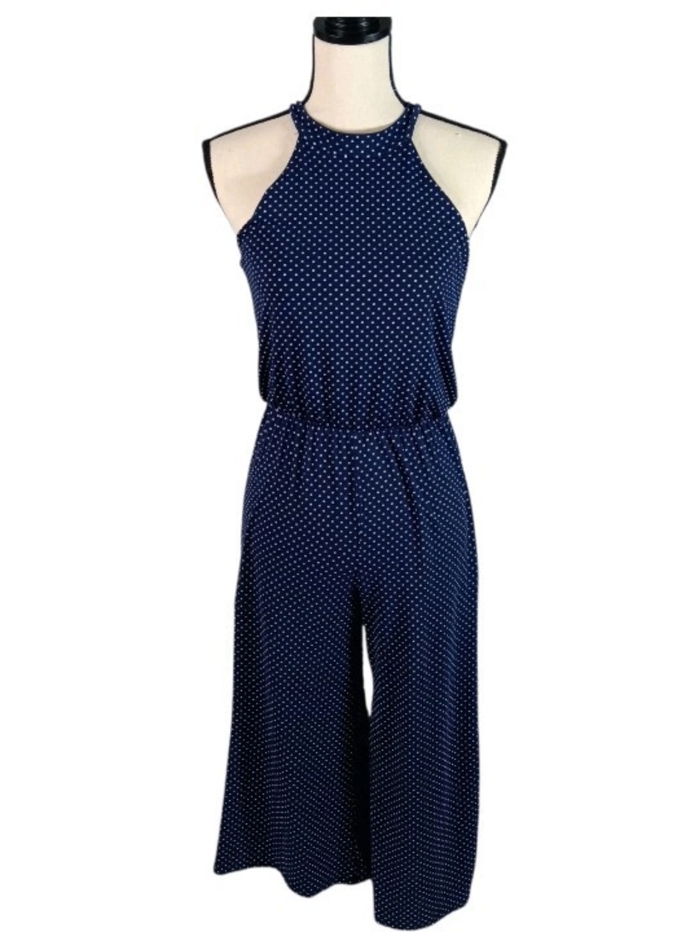 Rolla Coaster Navy W/ White Polka Dot Halter Jumpsuit, Small